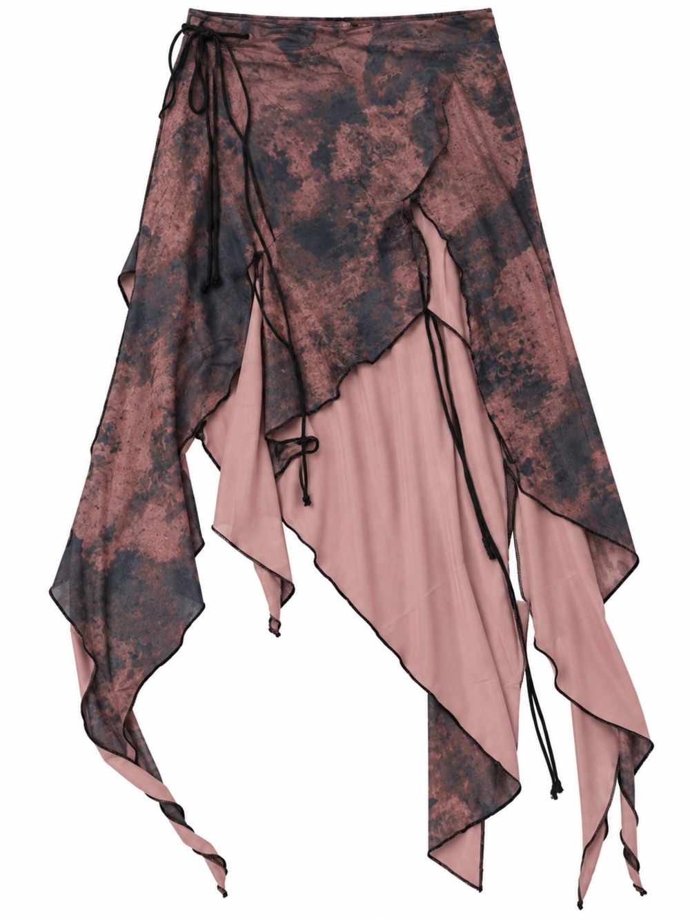Y2K Fairy Grunge Tie Dye Mesh Asymmetrical Midi Skirt Mauve Black